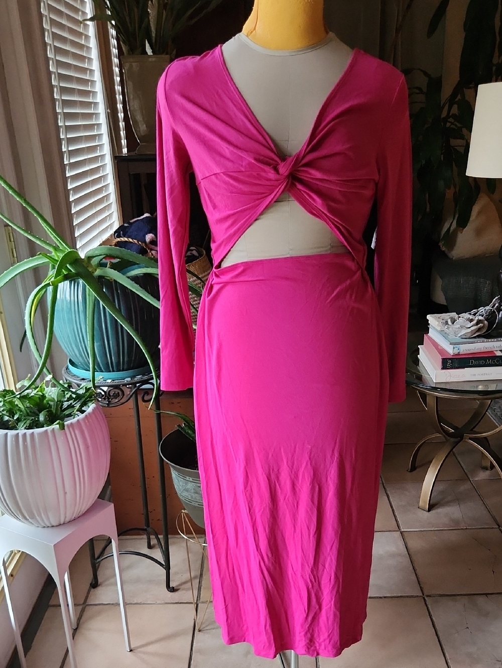 Old Navy Fuchsia Pink Long Sleeve Midi Dress with Twist Front Cutout